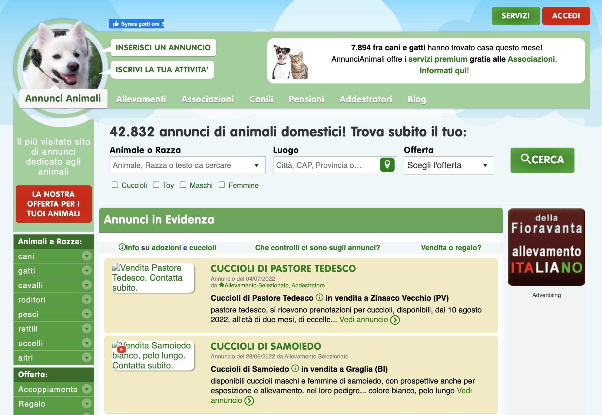Annunci Animali website before the acquisition